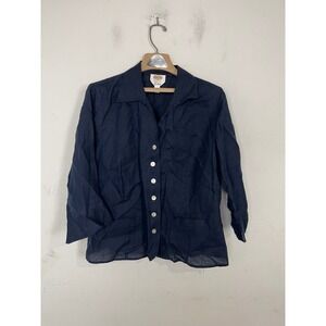 Talbots Womens Shirt 14W Irish Linen Navy Blue Button Up Lagenlook Minimal